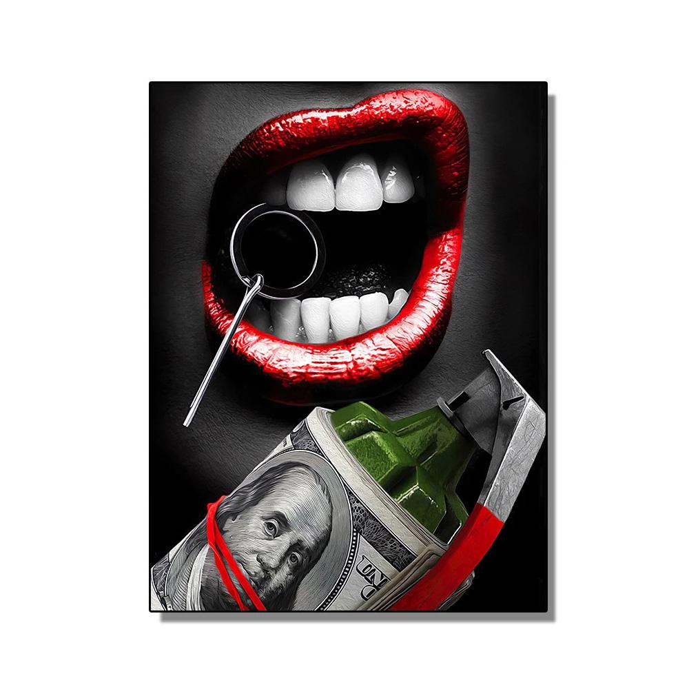 Sexy Woman Red Lips Burning Dollars Money Posters Canvas Painting Luxury Watch Fashion Wall Art Living Room Home Decor