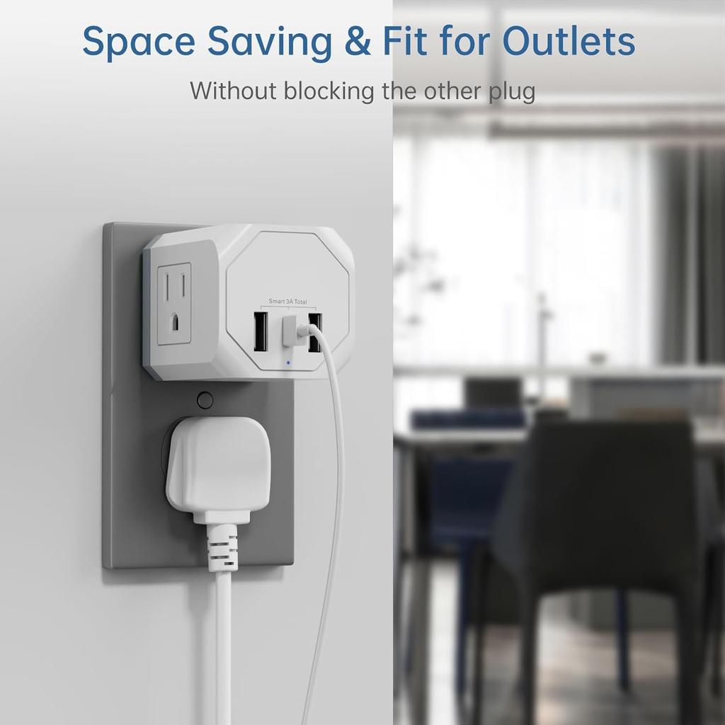Multi Plug Outlet Extender 2 Pack, Small Electrical Outlet Splitter with 3 USB Ports (1 USB-C), Multi Outlet Plug in for Cruise Ship, Travel, Home,