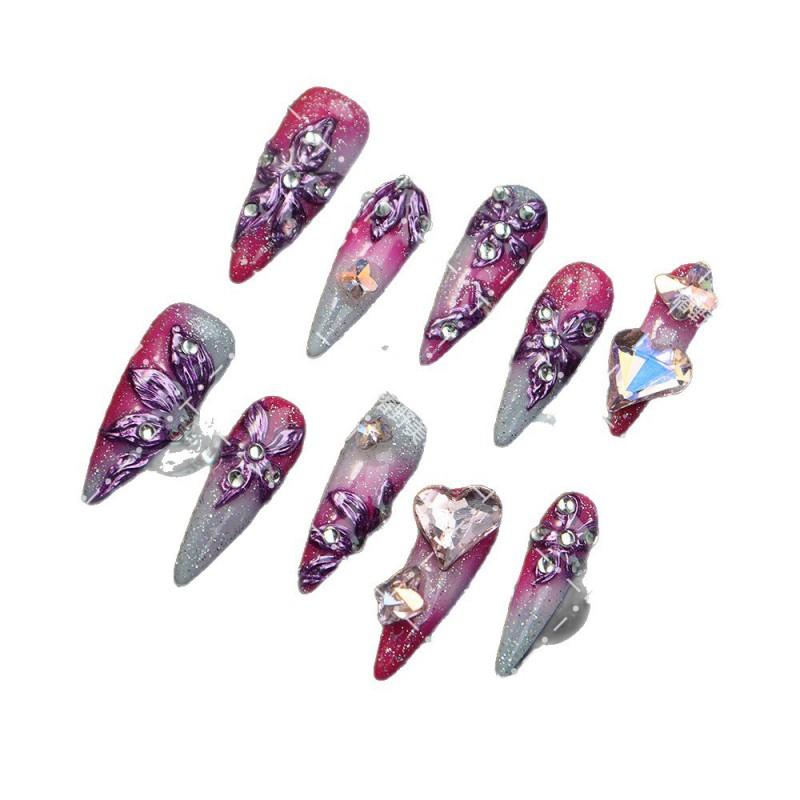 Press-On Nails With Pink Gradient Sparkle Hearts Butterflies Floral Design Acrylic False Women Long Style