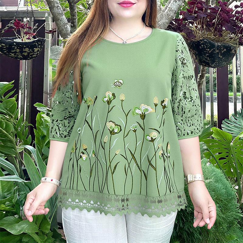 

ZANZEA Женская повседневная блузка с круглым вырезом, кружевной вставкой, рукавами 3/4, свободного кроя, с вышивкой 3XL