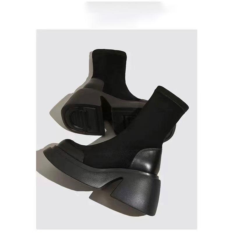 Small thin boots 2025 new autumn and winter explosion solid color Martin boots women's high heel thick heel elastic platform short boots