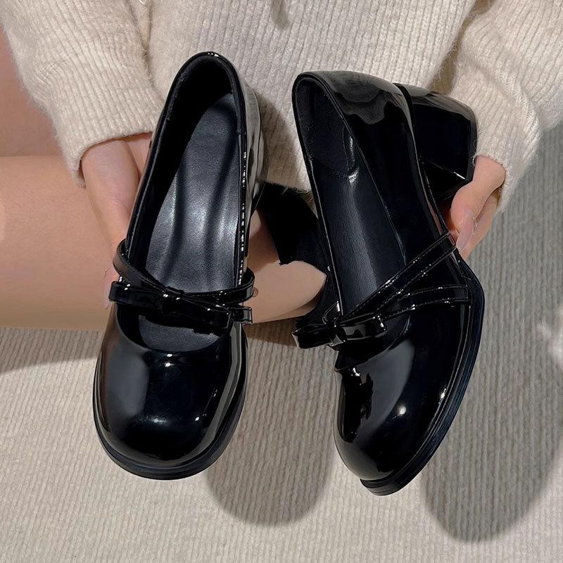 Black Patent Leather Round Head Small Leather Shoes Light Mouth Thick Heel Single Shoes Women's 2025 Autumn New French High Heel Mary Jane Shoes