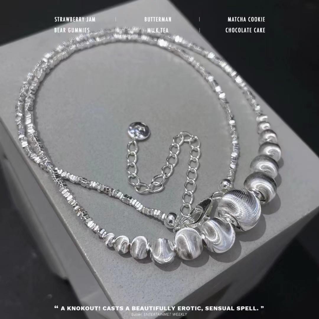 Sterling Silver 990 Gradient Cat s Eye Bead Necklace: Women s High-End Luxury Collarbone Chain.