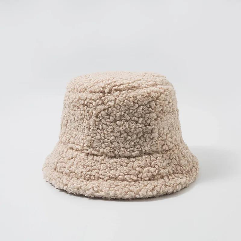 Solid Color Warm Female Cap Faux Fur Winter Bucket Hat for Women Outdoor Sunscreen Sun Hat Panama Lady Cap
