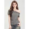 Pure lace splicing gray off-shoulder short-sleeved T-shirt women's summer spice slim-fitting and thin slanted shoulder short top