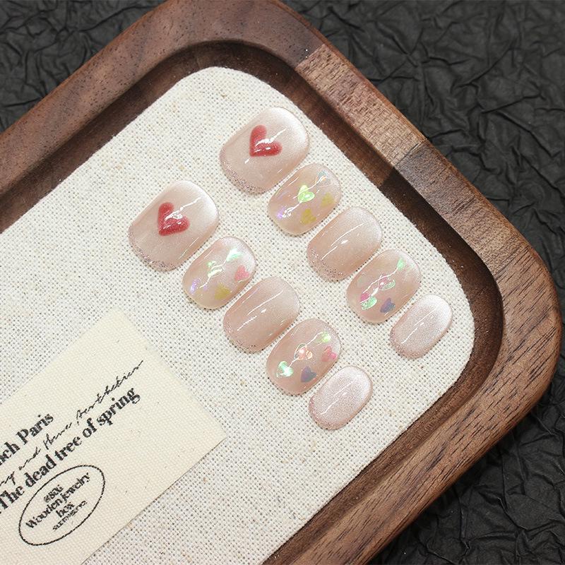 Instantly Eighteen: Handcrafted Nude Cat Eye Red Heart Nails in Elegant Pure Desire Style Small