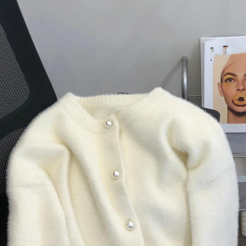 Korean Simple O-neck Single-breasted Imitation Mink Velvet Knitted Sweater Casual Loose Soft Pearl Buttons Cardigan Women