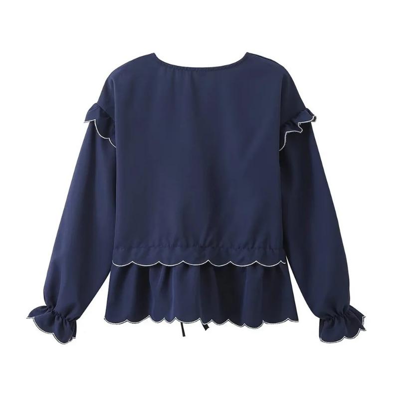 Wave Ruffles Lace Up Bow Shirts Women Spring Causal Loose V-neck Long Sleeve Blouses Lady Temperament Tops