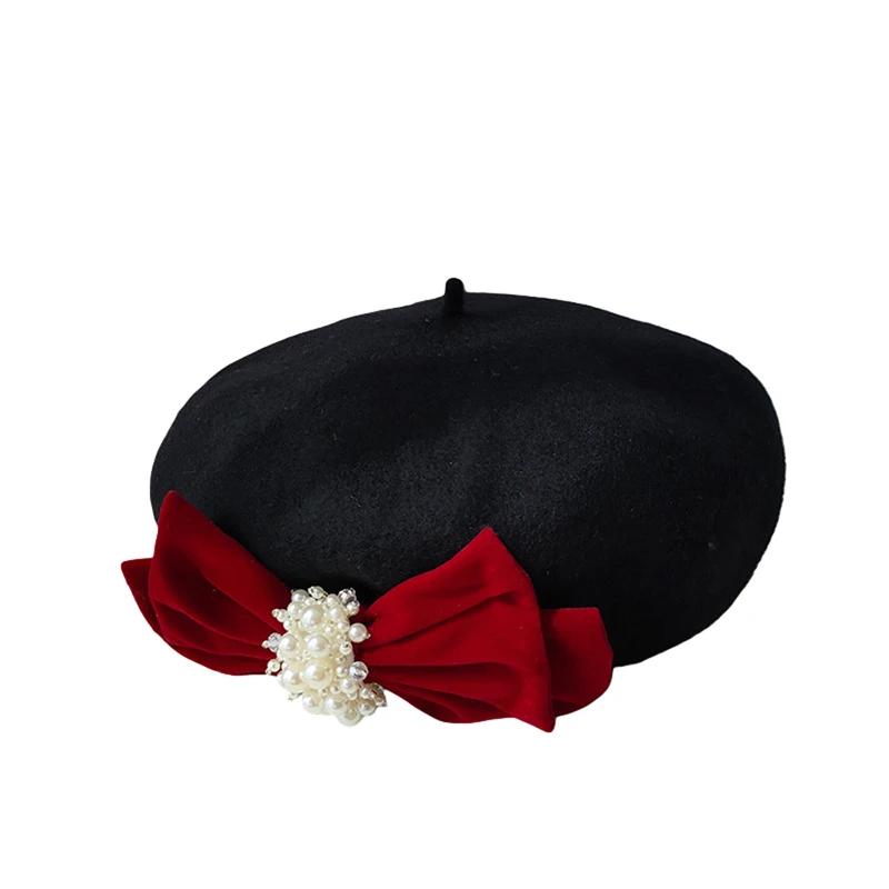 Women's Winter Wool Berets Pearl Bow Artist Beanie Cap Painter Beret for Travel, Shopping, Party