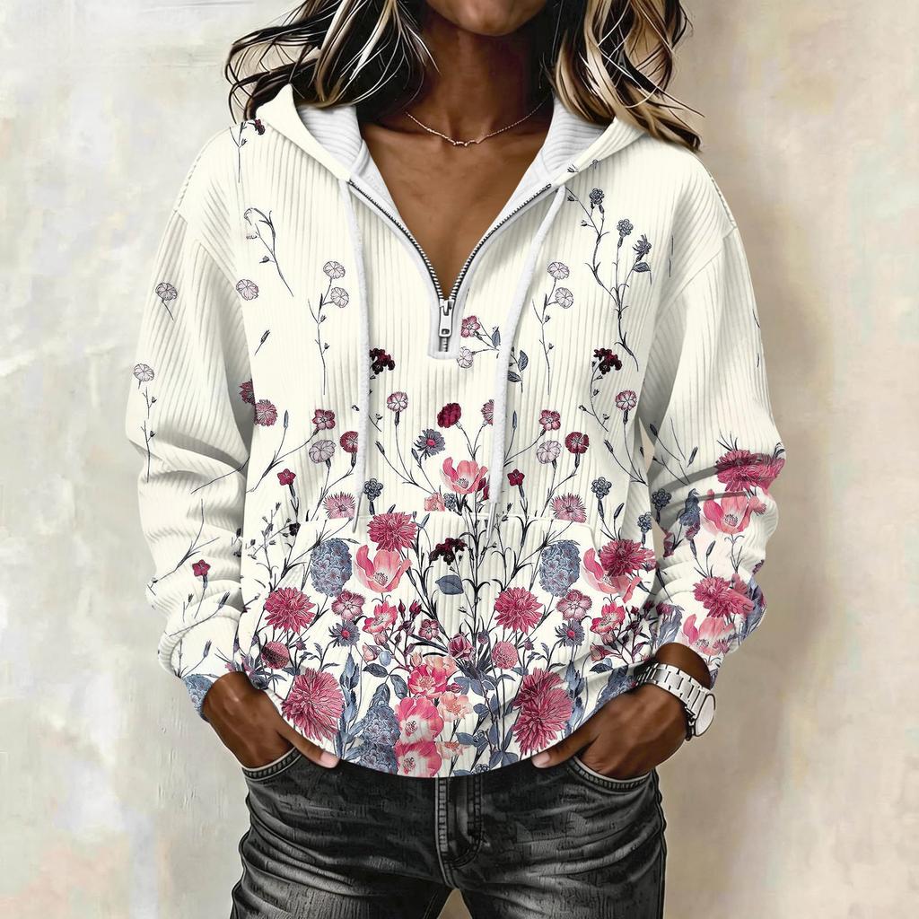 Women's Retro Print Long Sleeve Pullover Hoodie with