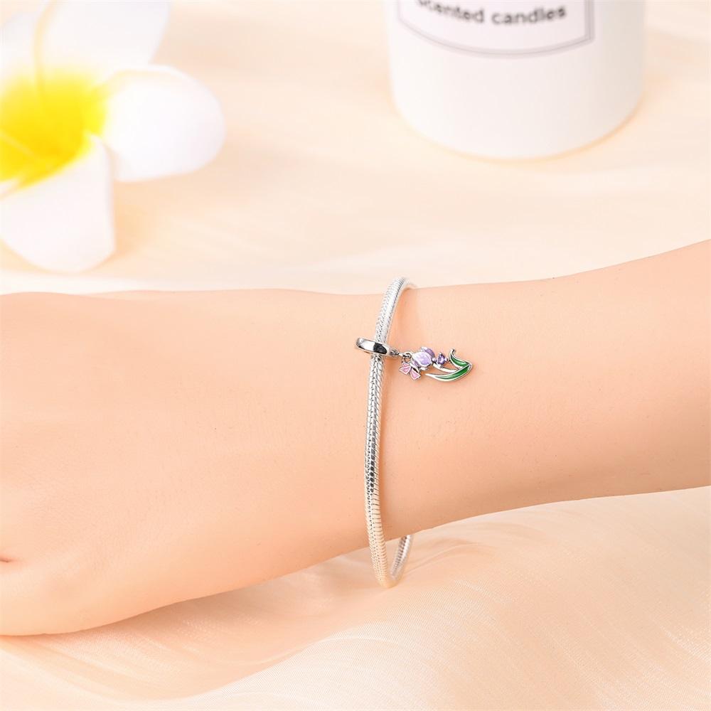 Copper Charms Original Purple Flowers Beads Fit Bracelet Jewelry Diy Lady'S Gift Accessory