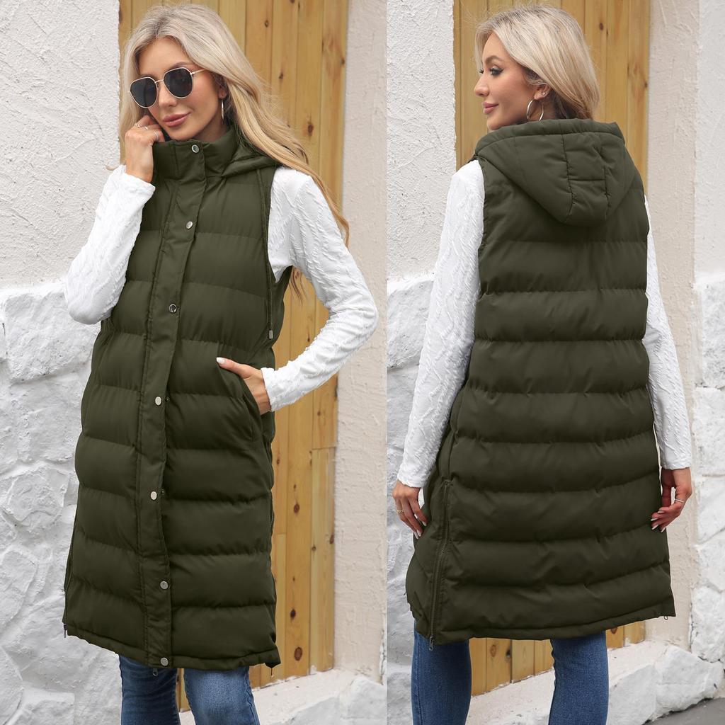 Women’s Coats Hooded Sleeves Long Style Solid Color Vest Quilted Jacket Autumn Winter Thick Warm Outer Wear
