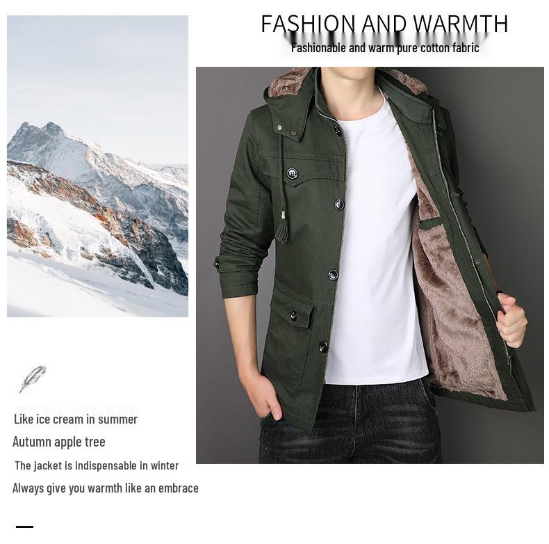 Men's Mid-Length Fleece-Lined Windbreaker: Warm Thick Cotton-Padded Hooded Jacket for Autumn & Winter