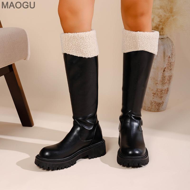 British Style Platform Chunky Shearling Knee-High Long Boots 2026 Winter New Plus Size 35-43 Belt Buckle Riding Boots for Women