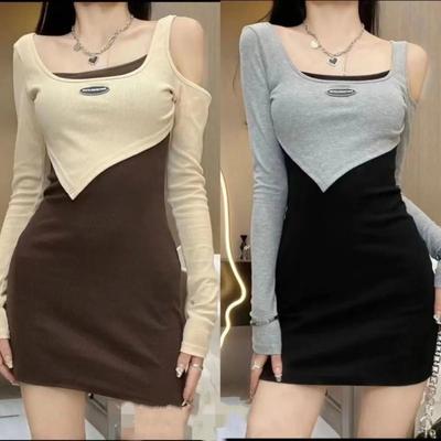 Mode Damen Sexy Nachtclub Enges langärmeliges Kleid Paket Hüfte Minirock
