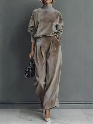 Ensemble tricoté deux pièces mode haut de gamme pour femme Automne/Hiver 2025: Costume Manches Longues & Pantalon Large