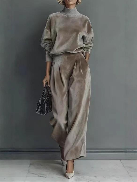 Set tricotat din două piese de modă high-end pentru femei, toamnă/iarnă 2025: Costum cu Mânecă Lungă și Pantaloni cu Picior Larg