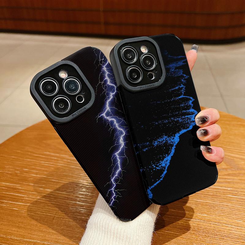 Vertical Grain Leather Shell Flashlight Blue Sea Printed Patterned Shockproof Soft Silicone Case with Camera Lens Full Protection for iPhone
