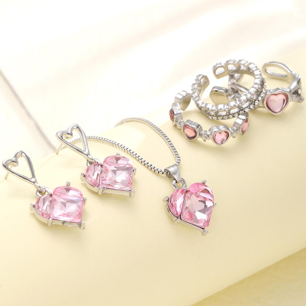 New Pink Crystal Heart Jewelry Set for Women Simple Y2K Zircon Love Elegant Pendant Necklaces Ring Drop Earring Girls Gifts 2026