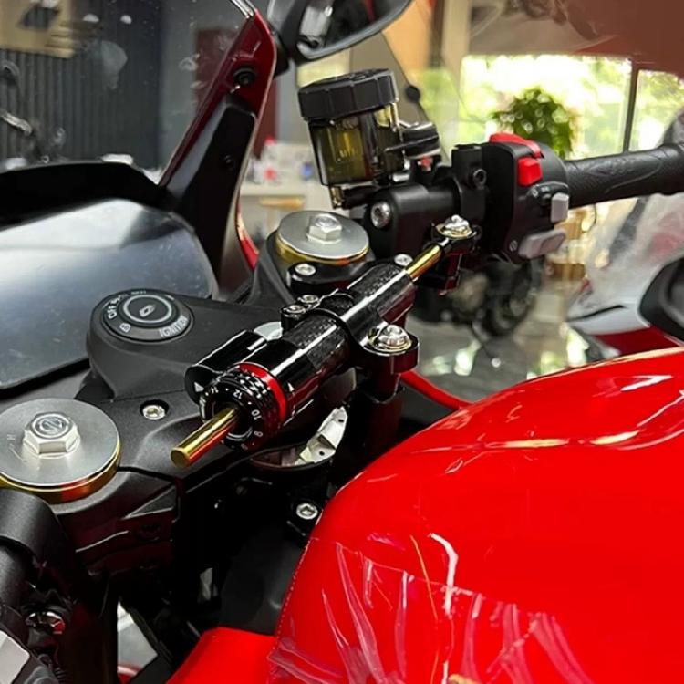 Adjustable Steering Damper Stabilizer for Motorcycles, Short Cylindrical Layout with Mounting Clamp for Street, Commuting and Winding-Road Use