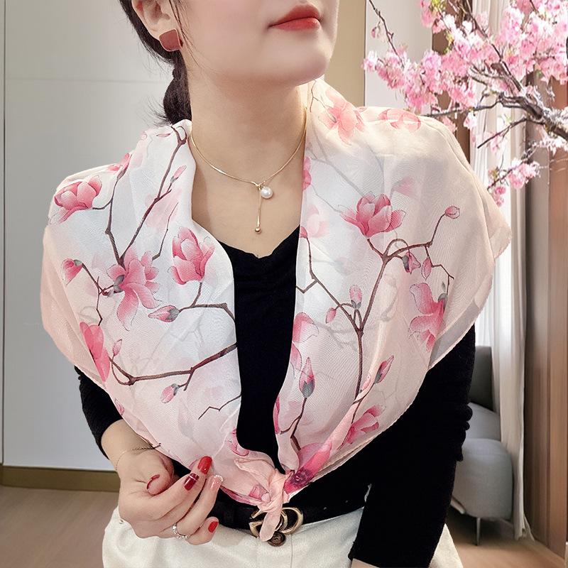 Large 95cm Square Korean Silk Chiffon Scarf for Women - Printed Neck or Head Scarf