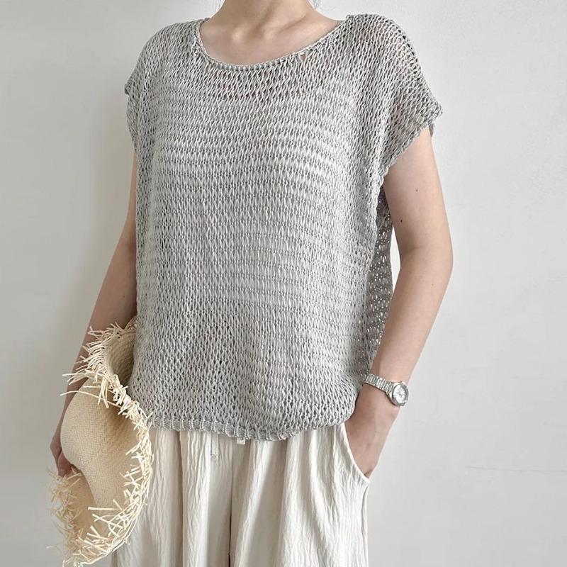 Summer Knitted Short Sleeve Loose Casual T-shirt Women Fashion Thin Minimalist Hollow Out Round Neck Tshirts Woman Elegant Slim Fit Tee Shirt 26323