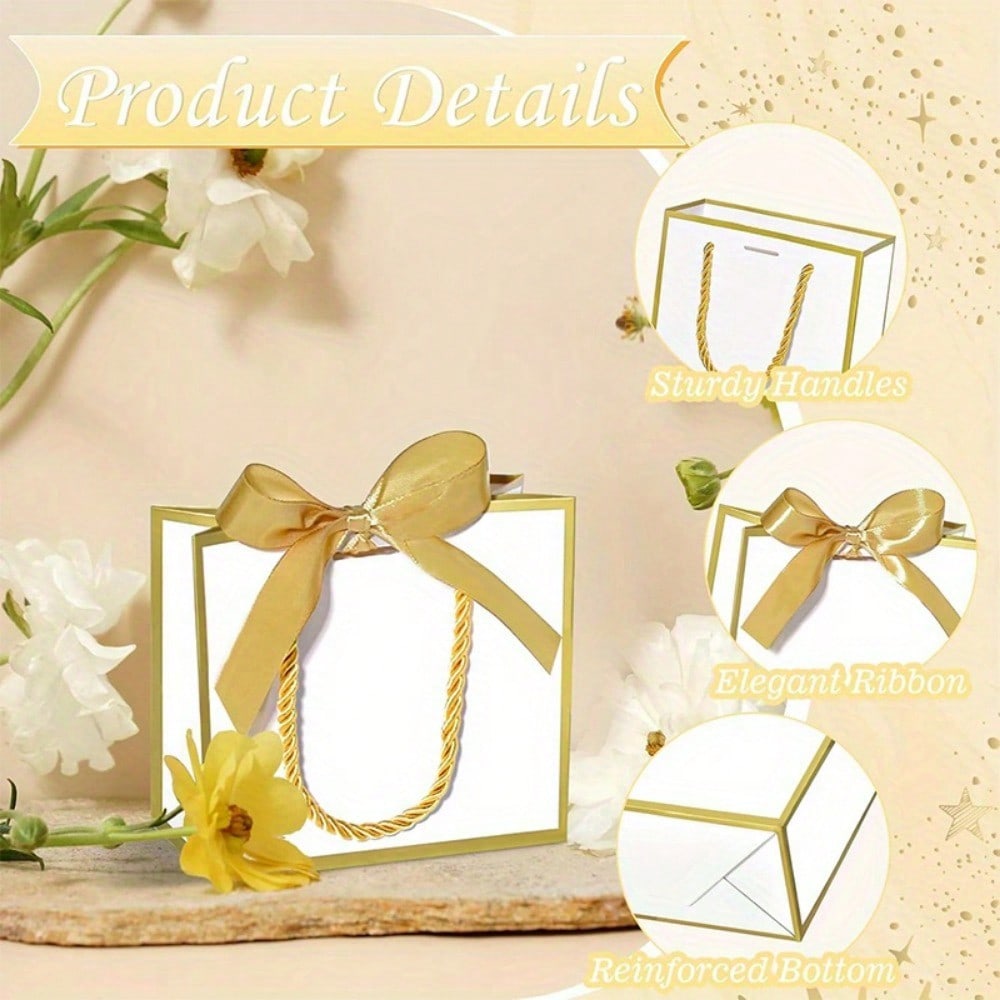 12pcs Small Gift Bags with Handles, White Gold Mini Bags, 5.51x 2.36x4.72 Inches Small Thank You Gift Bags Bulk with Ribbon