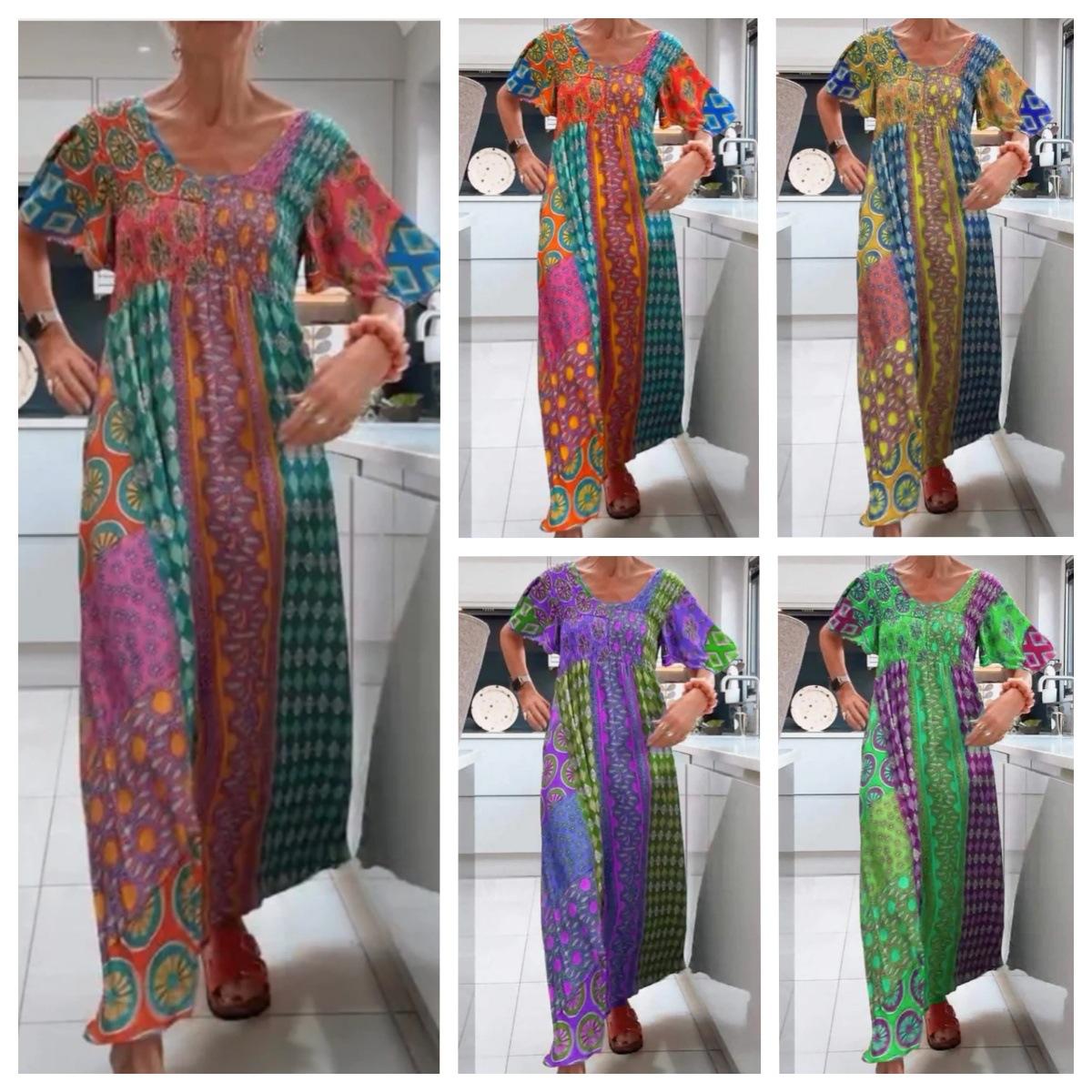 

Women s Bohemian Maxi Dress with Geometric Print, Long Sleeve Flowy Dress in Blue, Green, and Multicolor S помаранчевий