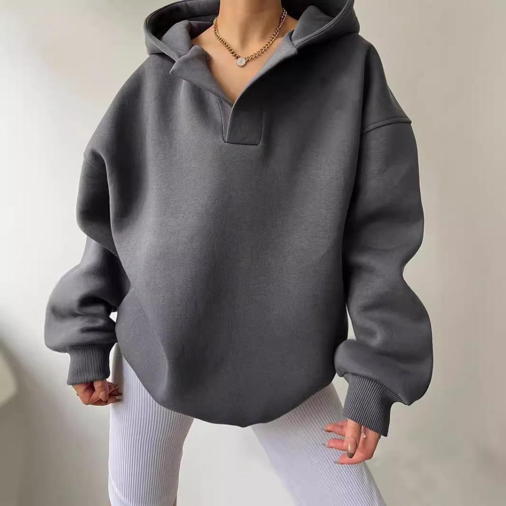 Auutmn Winter Women Solid Color Oversized V Neck Hoodie Long Sleeve Casual Pullover Sweatshirt Daily Street Outerwear Tops
