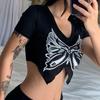 American Retro Butterfly Print Irregular Split T-Shirt Summer Slim Fit Versatile Short Sleeve Short Top Streetwear