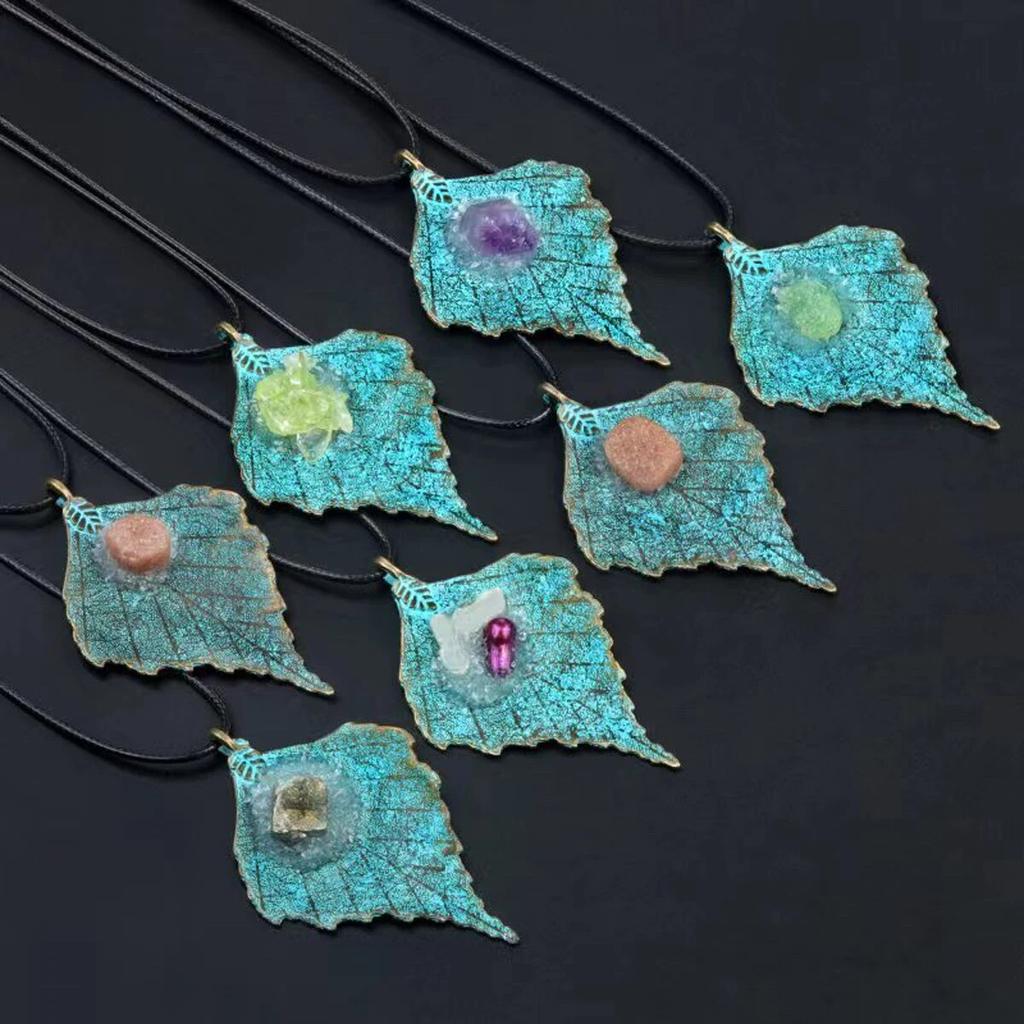 Women Pendant Natural Stone Crystal Zinc Alloy Leaf-Shaped Pendant For Jewelry Making DIY Necklace Accessory