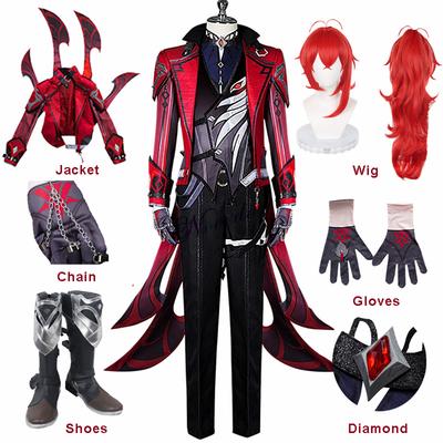 Oyun   Diluc Geceyarısı Kırmızısı Cosplay Kostümü Peruk Ayakkabı Anime  Diluc Cosplay Kıyafetleri Yeni Kostüm
