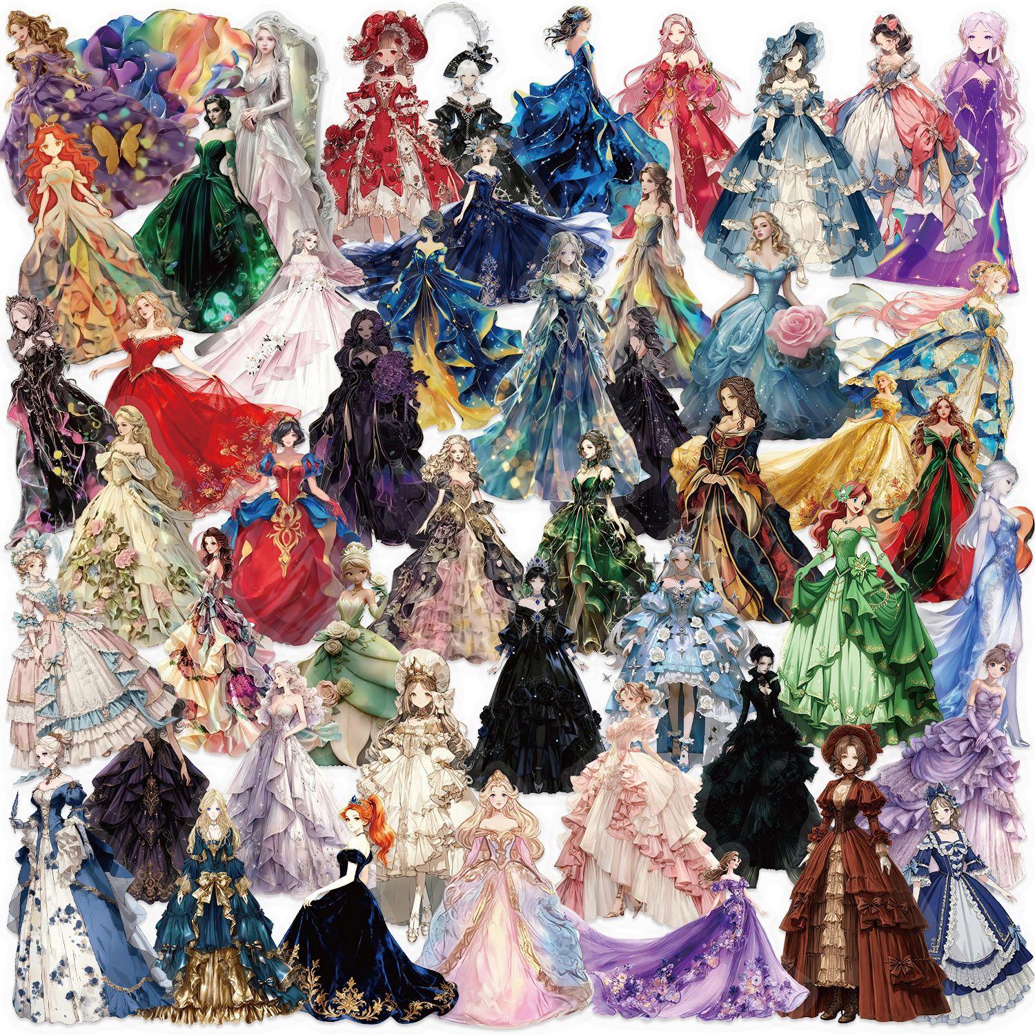 

50pcs Cartoon Princess Skirt Stickers Waterproof Transparent PET Decor Guitar Notebook Reward Stationery Sticker