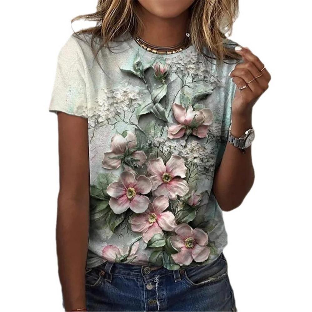 Damska koszulka z krótkim rękawem i okrągłym dekoltem, casualowa i modna, z trójwymiarowym nadrukiem kwiatowym