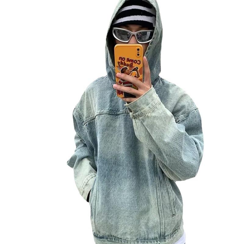 2024 Men's Distressed Washed Denim Hooded Sweatshirt - Retro Street Style Loose Jacket for Spring & Autumn