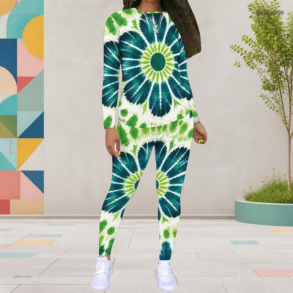 Women Plus Size Round Neck Long Sleeve Tie Dye Shamrock Printed Two Piece Pants Set
