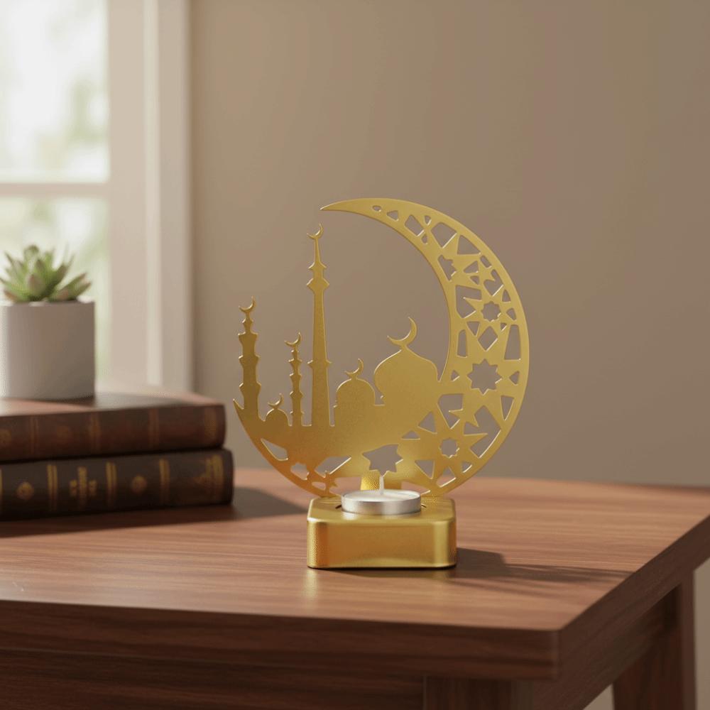 Crescent Moon Ramadan Candle Holder Heat-resistant Rust-proof Golden Moon Candle Stand Castle Shape Multi-functional