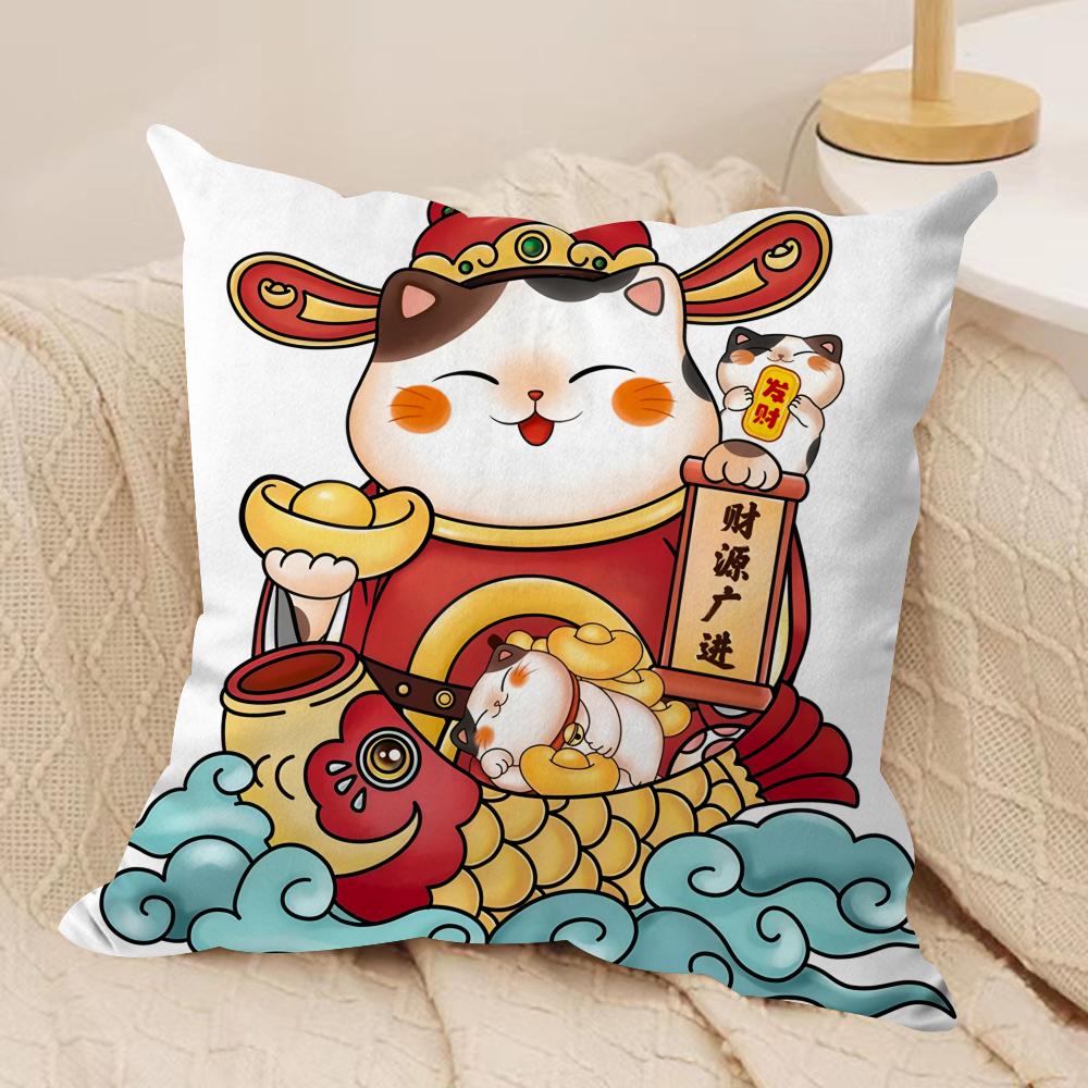 Aneki Neko Rich Luck Money Cat Cushion Cover Silky Short Plush Invisible Zipper Dustproof Sofa Pillow Case For Home Decor