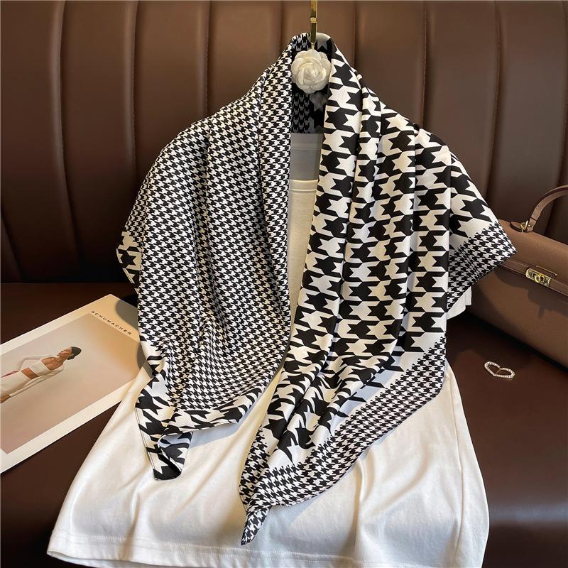 

Шелковый платок в гусиную лапку Женский Солнцезащитный 90X90см Квадратный Шарф Повязка на голову Мягкий Хиджаб Роскошный Дизайн Шаль Фуляр Подарочная Лента 90X90cm