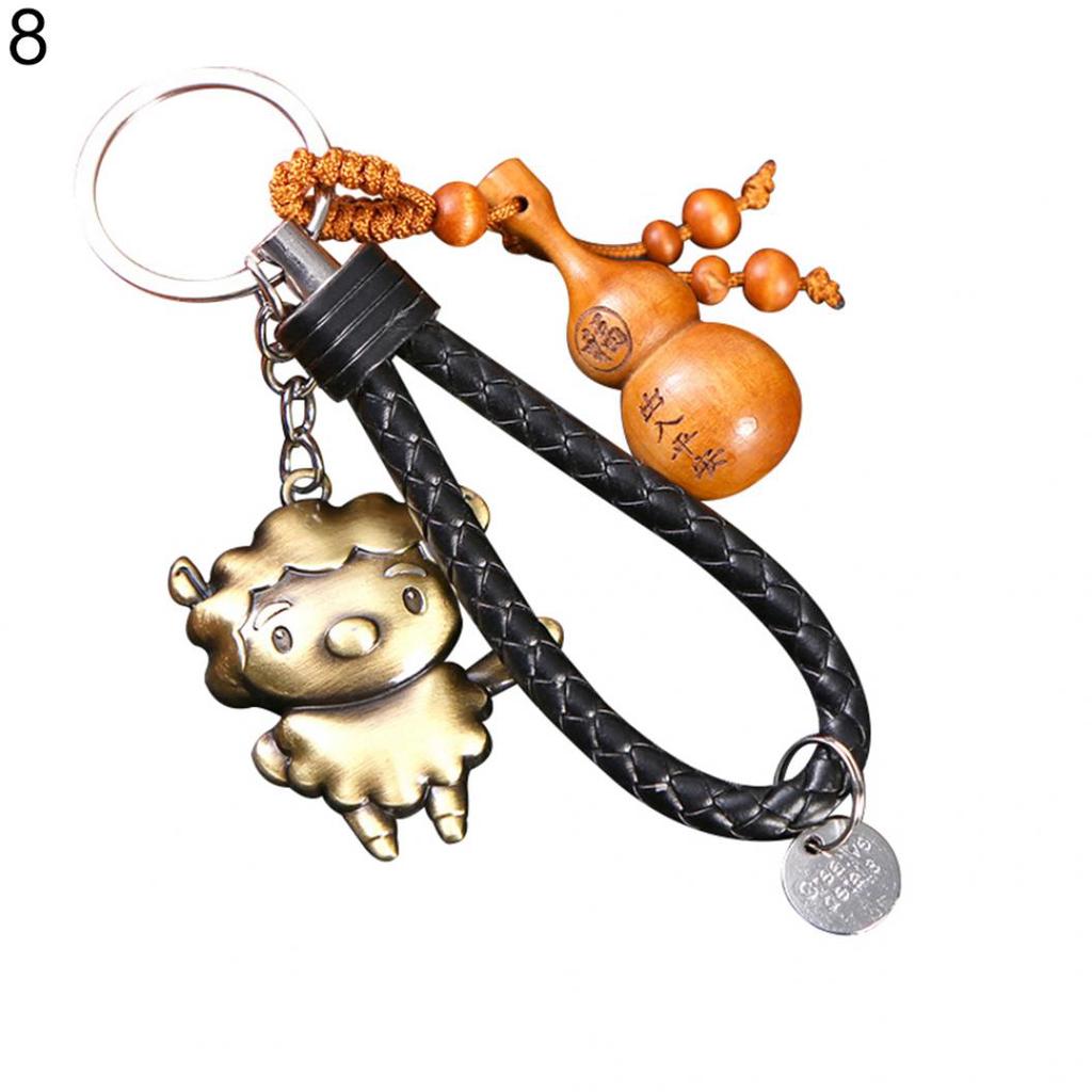 Chinese Zodiac Animal Year Symbol Peach Wood Keychain Alloy Key Ring Bag Decor