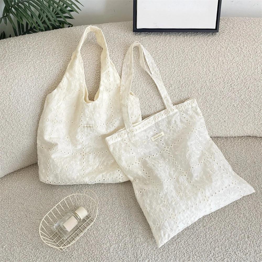 Elegant Embroidered Large Capacity Women Shoulder Bag White Portable Tote Bag Fashion Daily Women Handbag for Outdoor Beach