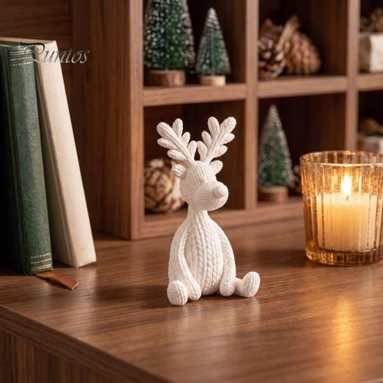 Miniature Deer Figurines for Desktop 3D Printed Minimalist Sculpture, Knit Texture Animal Desk Small Holiday Collectibles Display Ornament, Cute Home