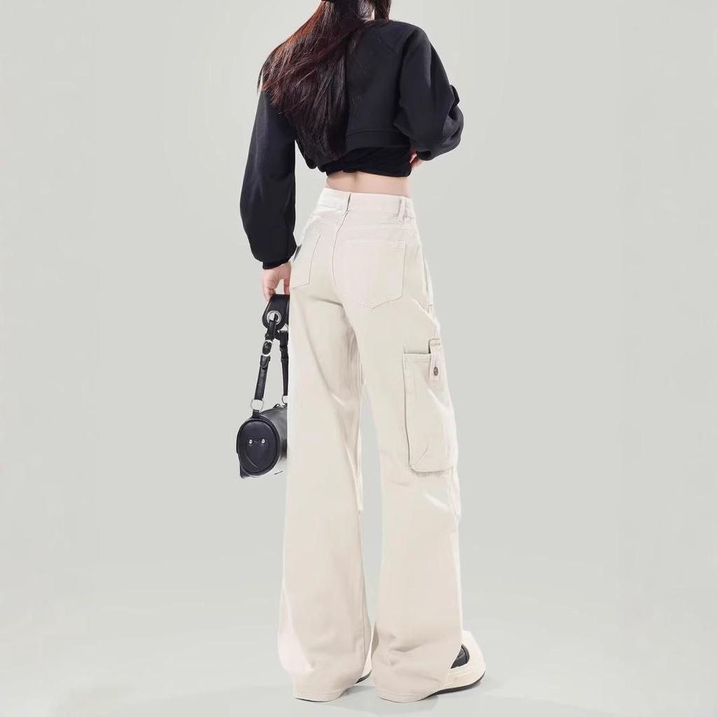 Women's Early Spring Apricot Cargo Jeans: New Design, Multi-Pocket, Loose, Wide-Leg, Floor-Length