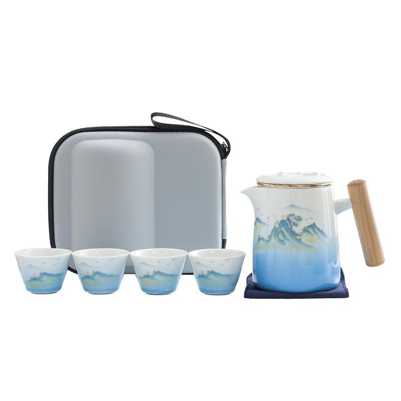 Qianli Jiangshan Ceramic Portable Travel Tea Set Portable Outdoor Express One Pot Four Cups Brewing Teapot Guochao Gifts