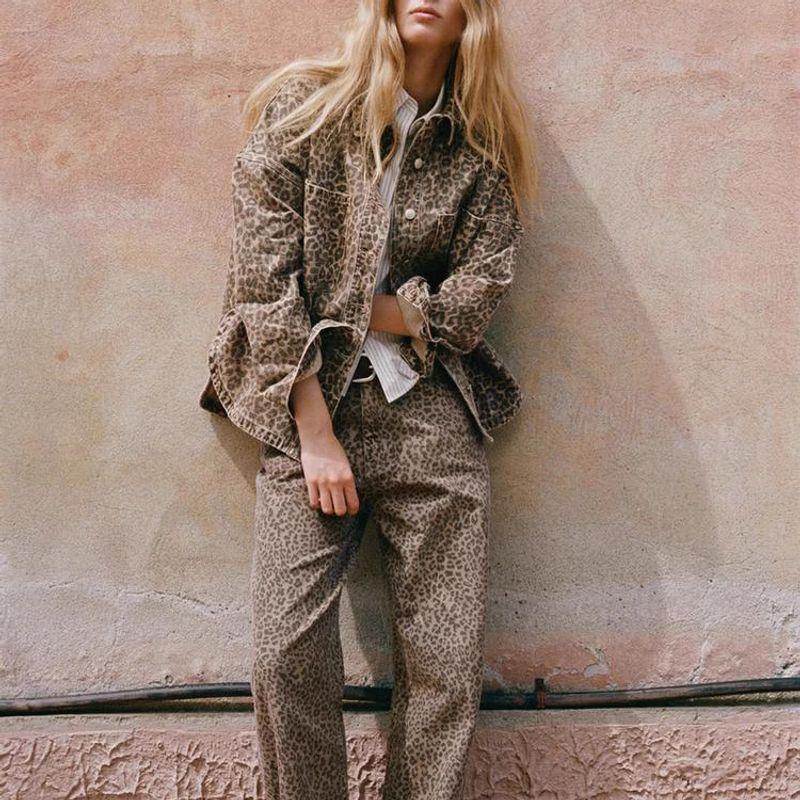 Spring New Women's Clothing Leopard-Print Shirt Outwear 5520264 High Waist Loose Denim 6688241