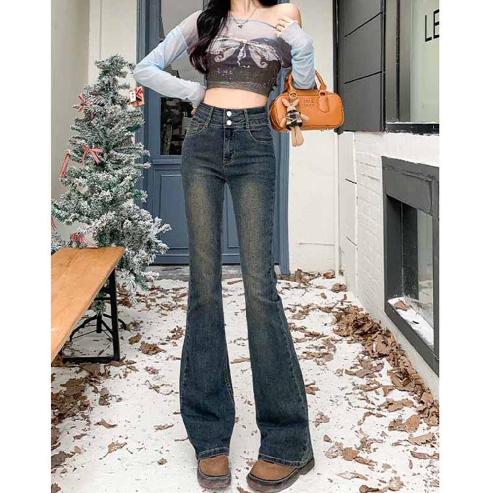 Trend street micro-pull jeans women's spring and autumn new high-waisted slim-fitting, thin and high-flared jeans