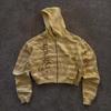 Y2K Striped Distressed Cropped Hooded Zip-Up Sweatshirt American Vintage Letter Print Unisex