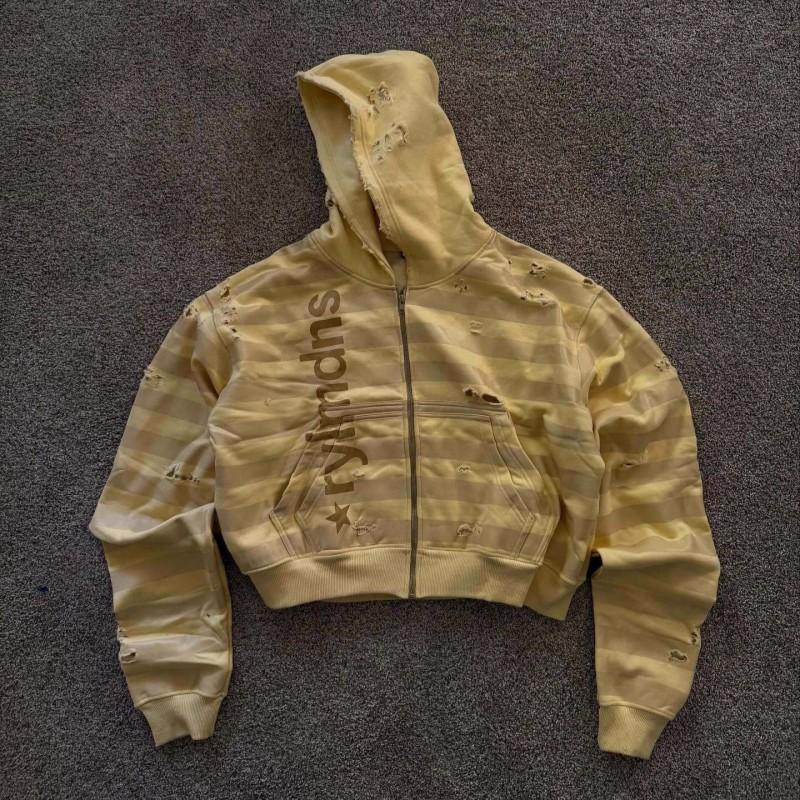 Y2K Striped Distressed Cropped Hooded Zip-Up Sweatshirt American Vintage Letter Print Unisex