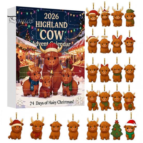 Holiday Hanging Ornaments Highland Cow Christmas Advent Calendar with 24 Acrylic Ornaments, Festive Countdown Box for Tree Decor And Seasonal