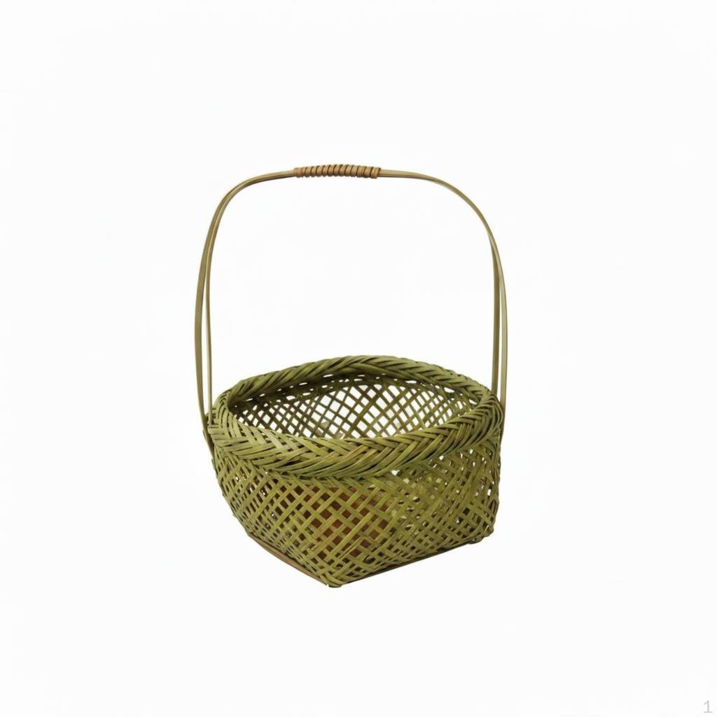 Woven Bamboo Basket Handmade Shallow Carrying Arched Handle Round Wicker Tray for Gift